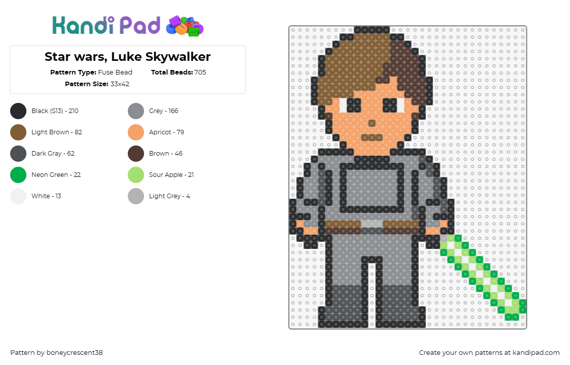 Star wars, Luke Skywalker - Fuse Bead Pattern by boneycrescent38 on Kandi Pad - luke skywalker,star wars,jedi,lightsaber,character,movie,scifi,gray,green