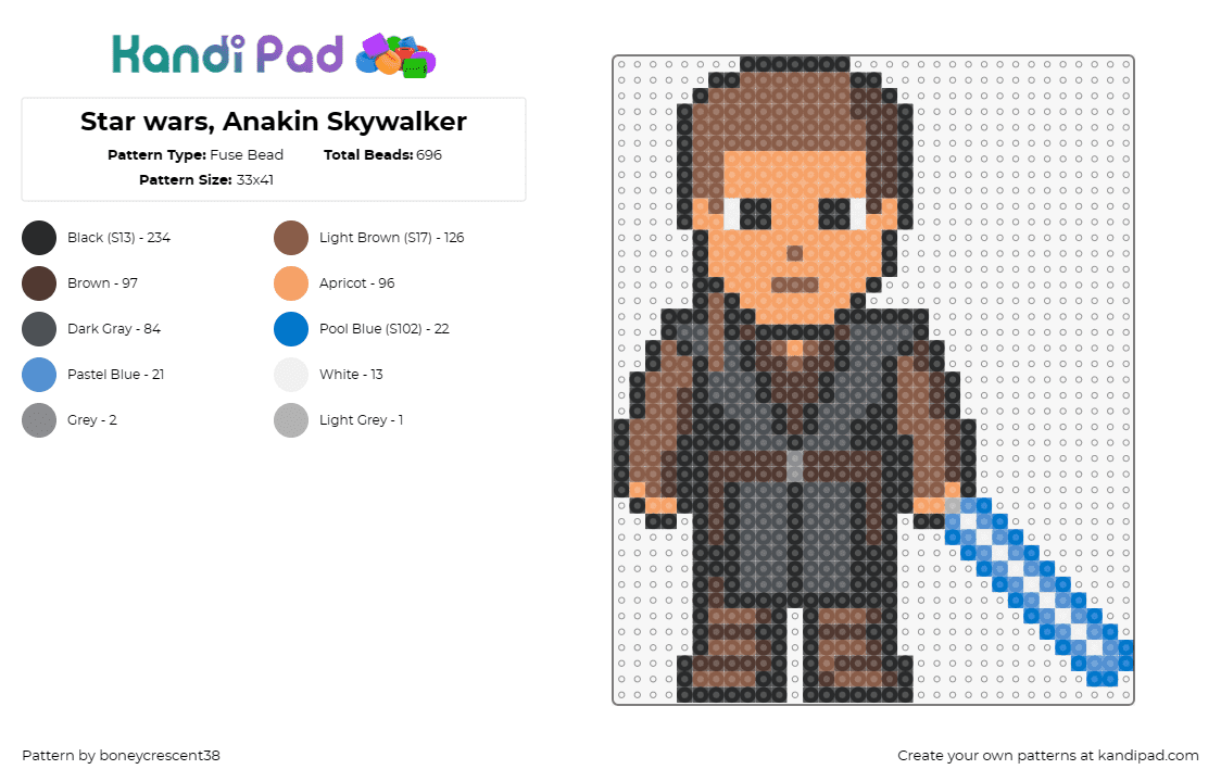 Star wars, Anakin Skywalker - Fuse Bead Pattern by boneycrescent38 on Kandi Pad - anakin skywalker,star wars,jedi,lightsaber,character,movie,scifi,brown,blue