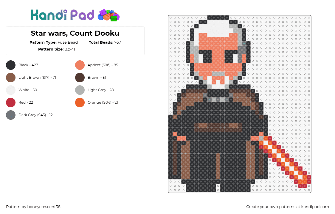 Star wars, Count Dooku - Fuse Bead Pattern by boneycrescent38 on Kandi Pad - count dooku,star wars,jedi,lightsaber,character,movie,scifi,brown,red