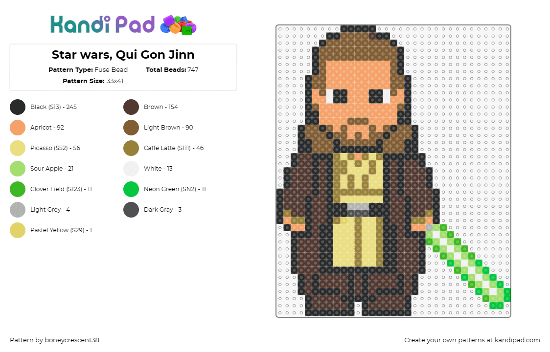 Star wars, Qui Gon Jinn - Fuse Bead Pattern by boneycrescent38 on Kandi Pad - qui gon jinn,star wars,jedi,lightsaber,character,movie,scifi,brown,yellow,green