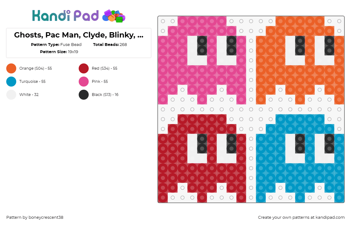 Ghosts, Pac Man, Clyde, Blinky, Pinky, Inky - Fuse Bead Pattern by boneycrescent38 on Kandi Pad - ghosts,pacman,characters,arcade,retro,nostalgia,colorful,video game,pink,orange,