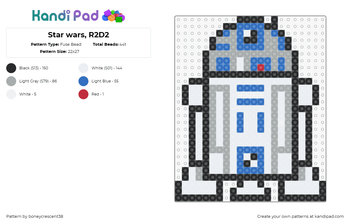 Star wars, R2D2 - Fuse Bead Pattern by boneycrescent38 on Kandi Pad - r2d2,droid,star wars,robot,character,movie,scifi,white,blue