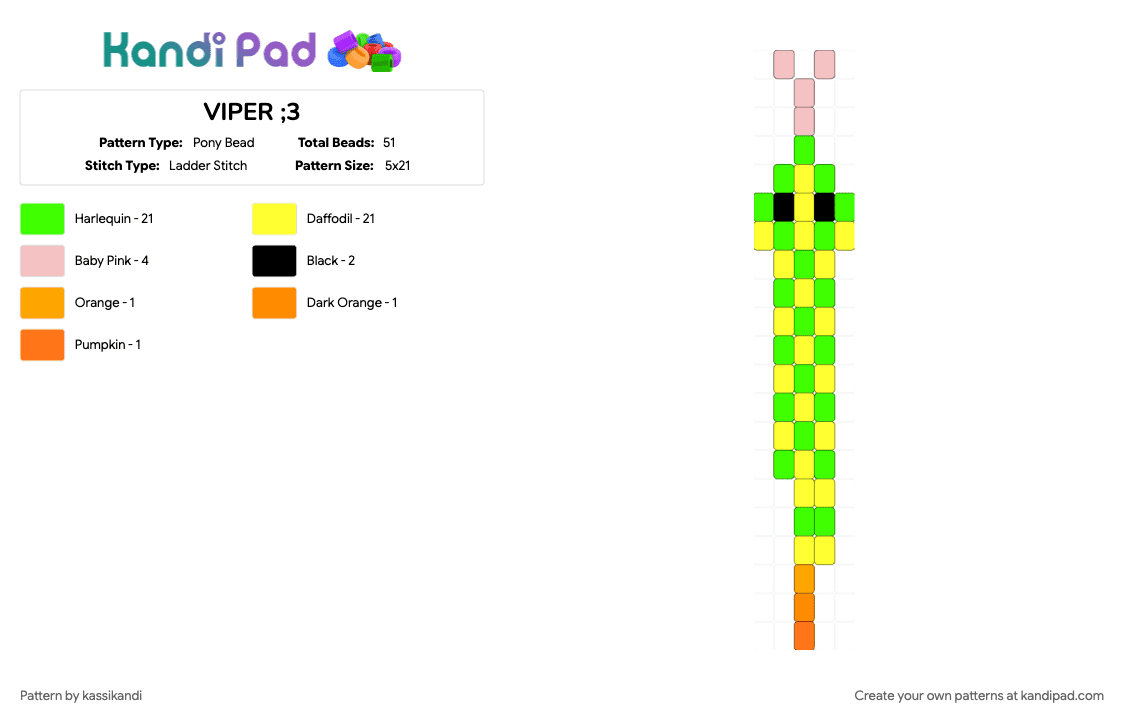 VIPER ;3 - Pony Bead Pattern by kassikandi on Kandi Pad - green, yellow
