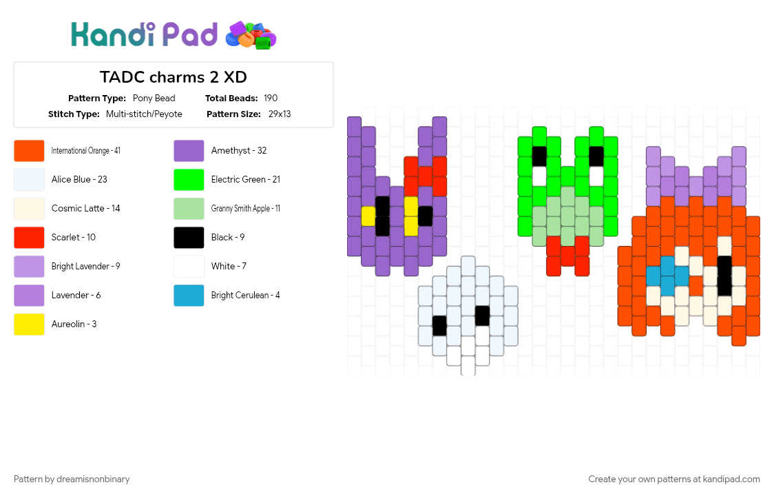 TADC charms 2 XD - Pony Bead Pattern by dreamisnonbinary on Kandi Pad - characters, charms, colorful, green, orange, purple