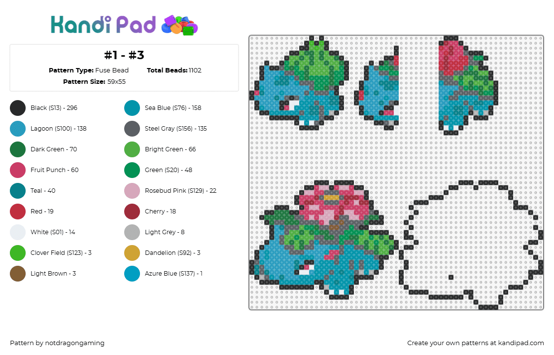 #1 - #3 - Fuse Bead Pattern by notdragongaming on Kandi Pad - bulbasaur,ivysaur,venusaur,evolution,pokemon,character,gaming,blue,green,pink