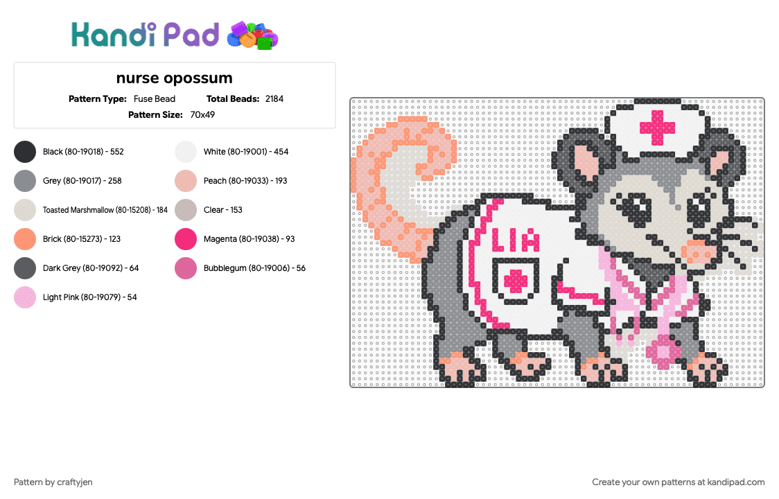 nurse opossum - Fuse Bead Pattern by craftyjen on Kandi Pad - beige, gray