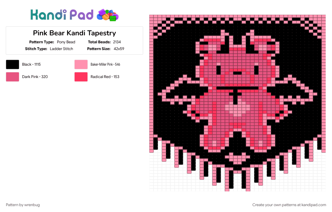Pink Bear Kandi Tapestry - Pony Bead Pattern by wrenbug on Kandi Pad - animal, bear, black, character, cute, halloween, pink, tapestry