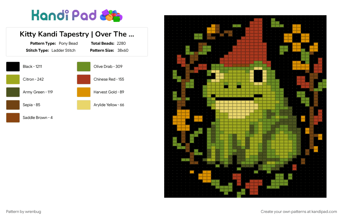 Kitty Kandi Tapestry | Over The Garden Wall - Pony Bead Pattern by wrenbug on Kandi Pad - animal, banner, black, character, fall, frog, green, halloween, over the garden wall, tapestry
