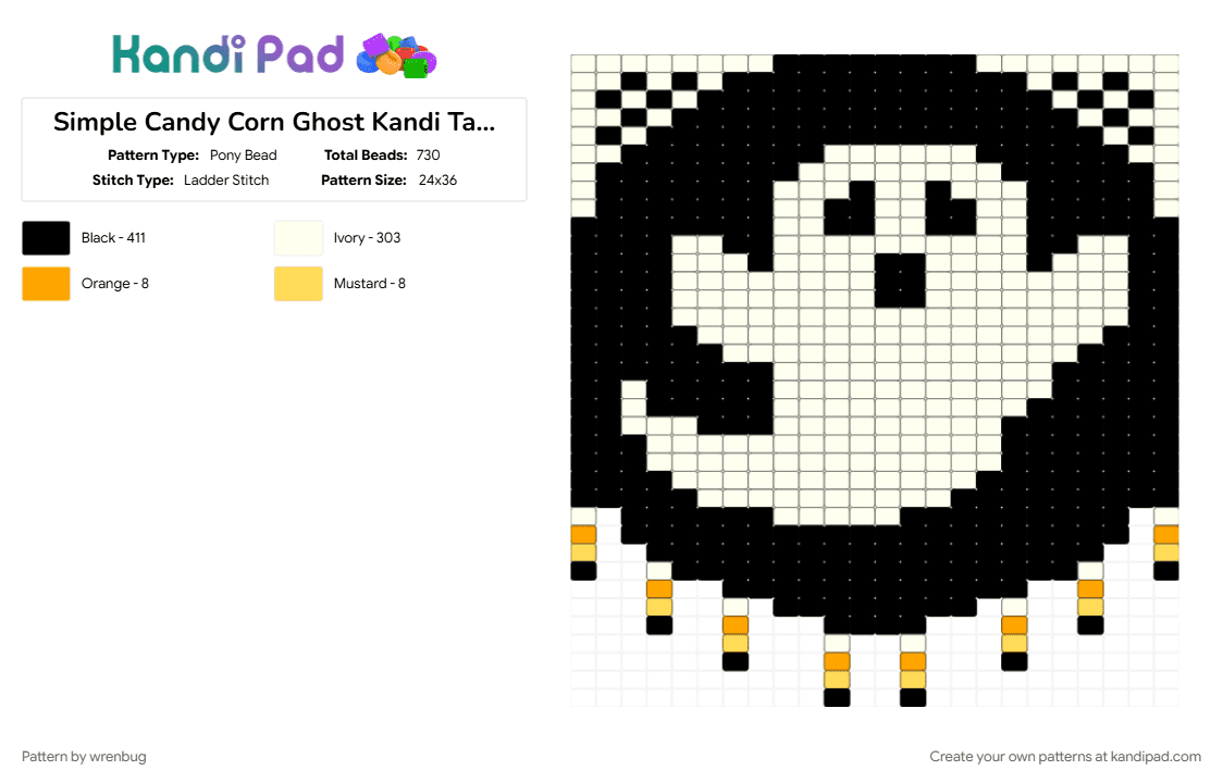 Simple Candy Corn Ghost Kandi Tapestry - Pony Bead Pattern by wrenbug on Kandi Pad - banner, black, dark, fall, ghost, halloween, orange, panel, spooky, tapestry, white, yellow