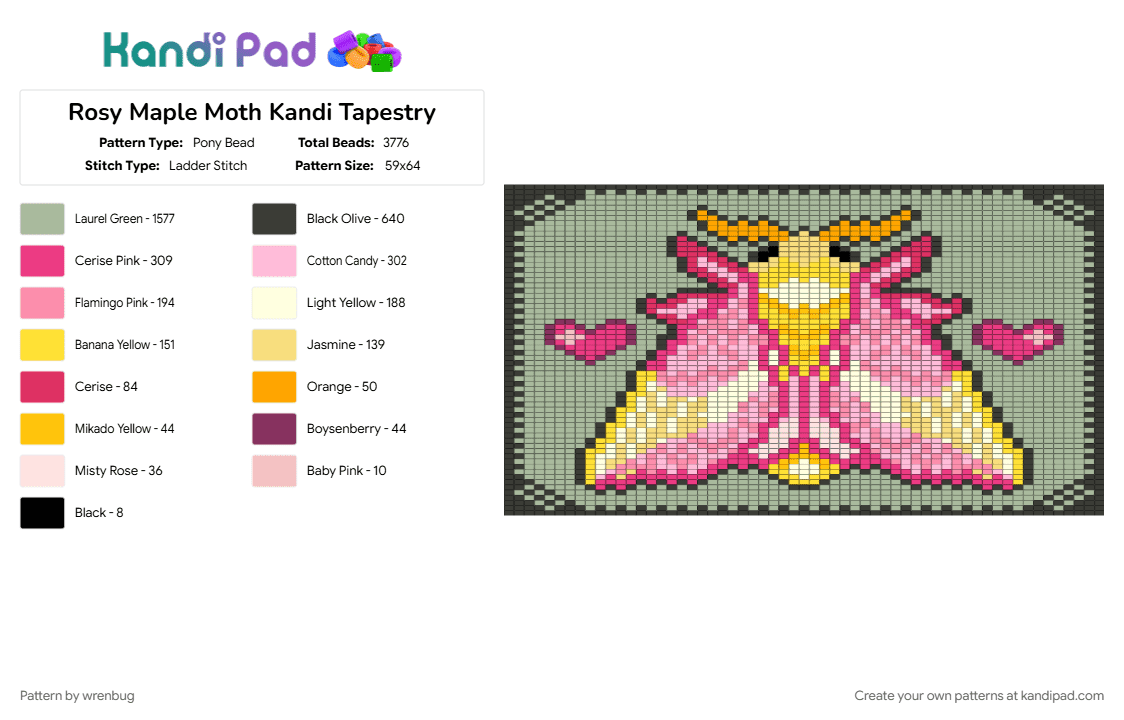 Rosy Maple Moth Kandi Tapestry - Pony Bead Pattern by wrenbug on Kandi Pad - animal, beige, bug, butterfly, cute, insect, moth, nature, pink, tapestry