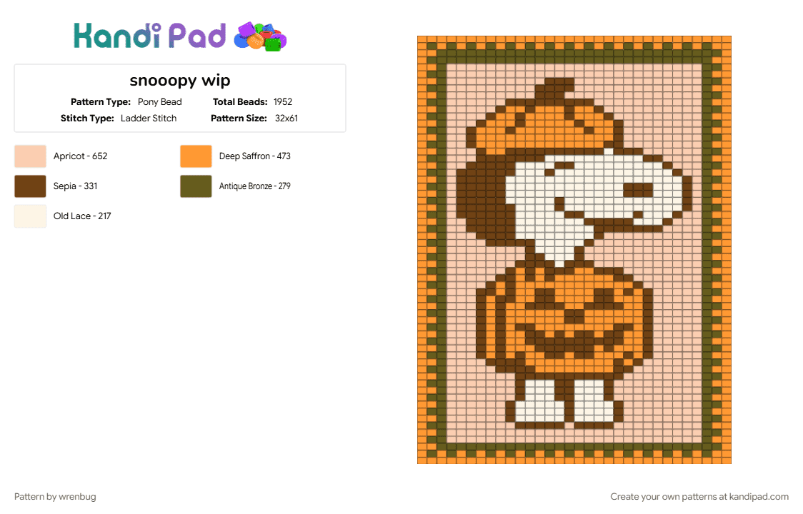 Fall Snoopy Kandi Tapestry - Pony Bead Pattern by wrenbug on Kandi Pad - banner, beige, character, halloween, orange, peanuts, snoopy, tapestry