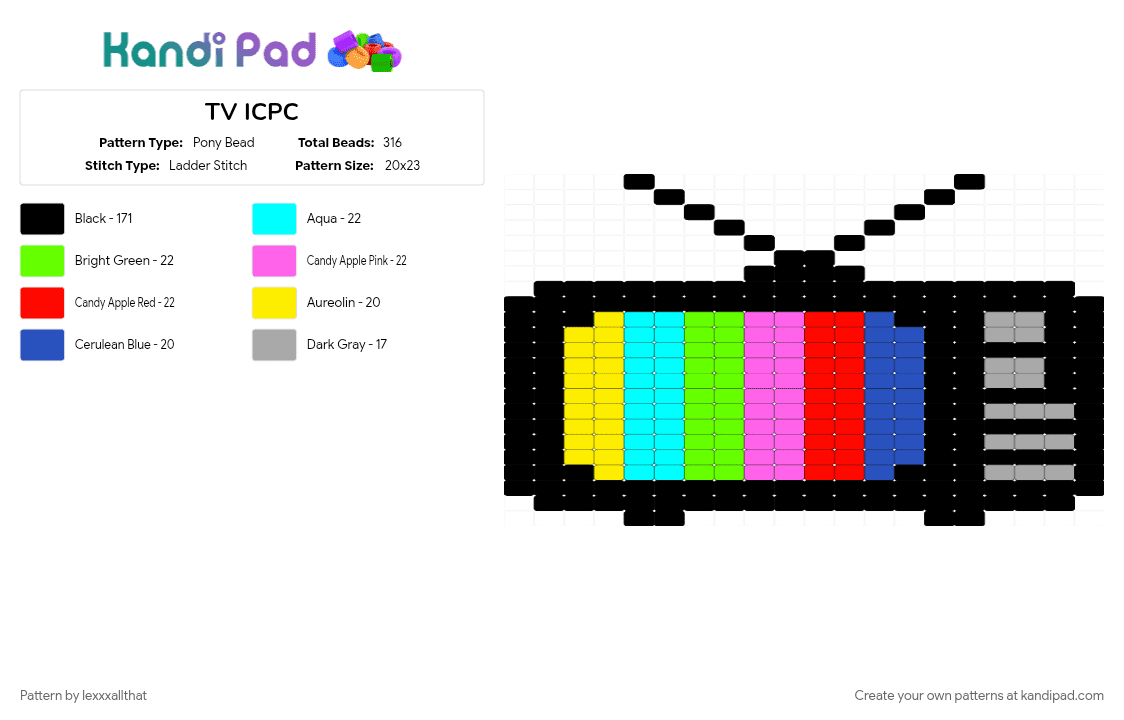 TV ICPC - Pony Bead Pattern by lexxxallthat on Kandi Pad - black, blue, colorful, light blue, pink