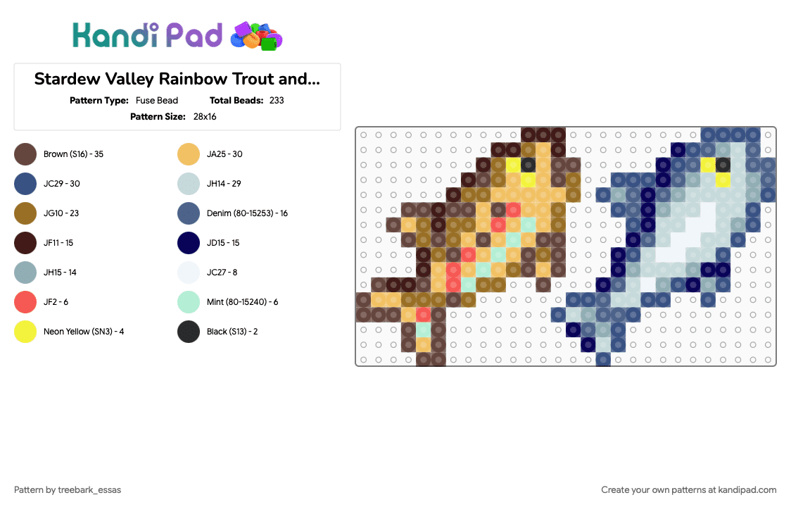 Stardew Valley Rainbow Trout and Salmon - Fuse Bead Pattern by treebark_essas on Kandi Pad - blue, brown, cotdseafood, fish, orange, rainbow trout, salmon, stardew valley, tan