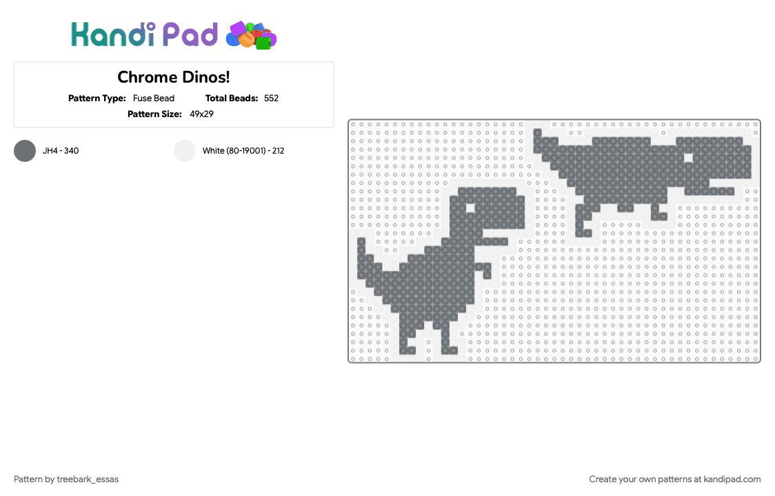 Chrome Dinos! - Fuse Bead Pattern by treebark_essas on Kandi Pad - cotddinosaurs, dino, dinosaur, dinosaur game, gray, white