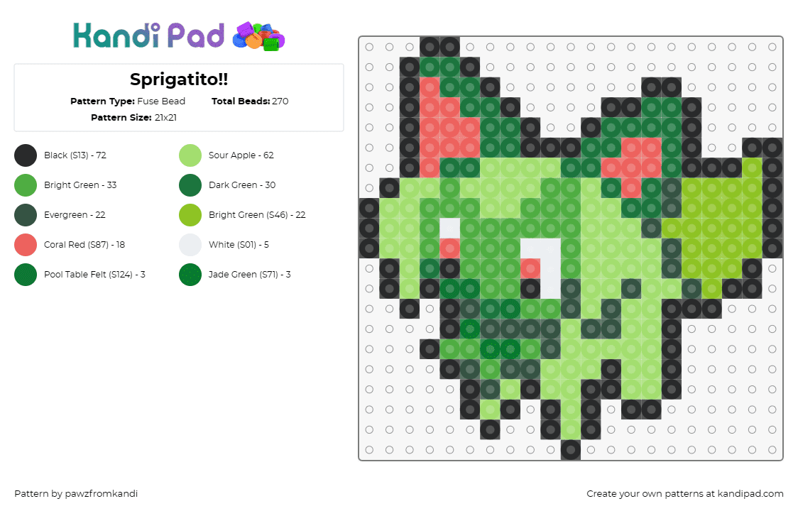 Sprigatito!! - Fuse Bead Pattern by pawzfromkandi on Kandi Pad - sprigatito,pokemon,character,gaming,cute,green