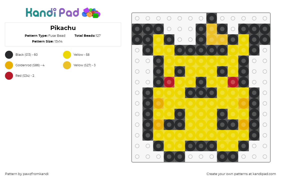 Pikachu - Fuse Bead Pattern by pawzfromkandi on Kandi Pad - pikachu,pokemon,starter,character,gaming,cute,yellow