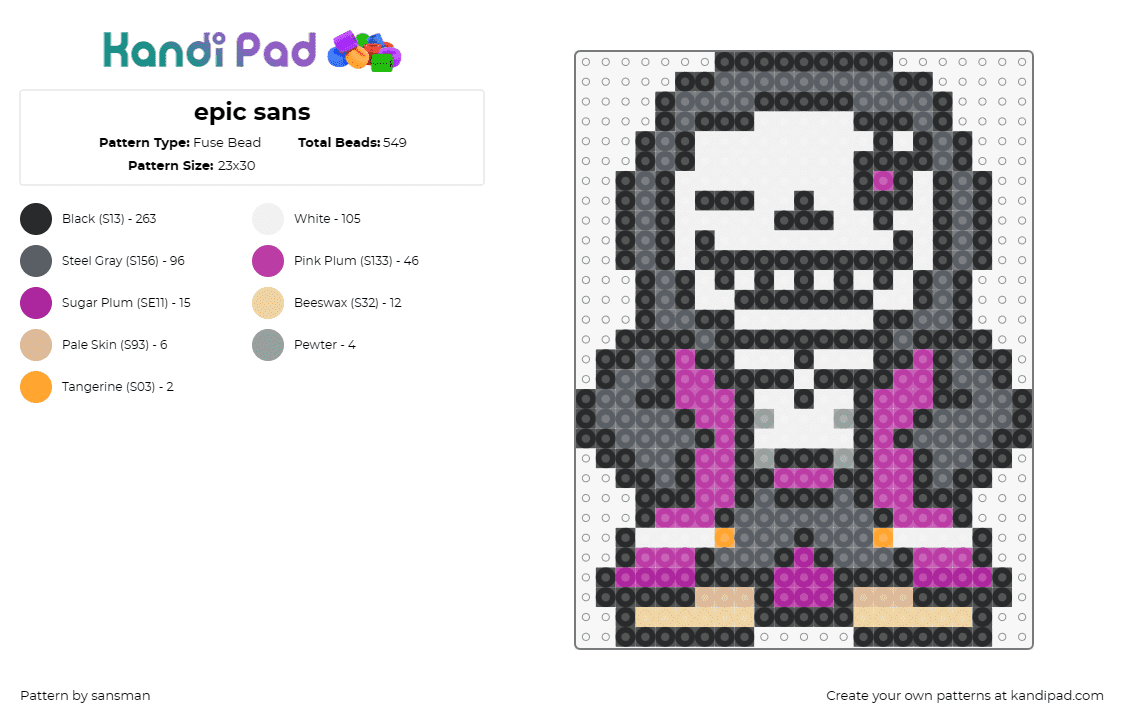 epic sans - Fuse Bead Pattern by sansman on Kandi Pad - sans,undertale,character,video game,skeleton,white,gray,pink