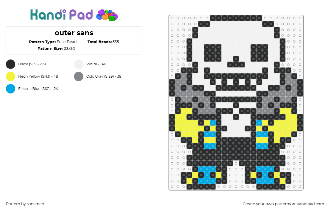 outer sans - Fuse Bead Pattern by sansman on Kandi Pad - sans,undertale,character,video game,skeleton,white,yellow