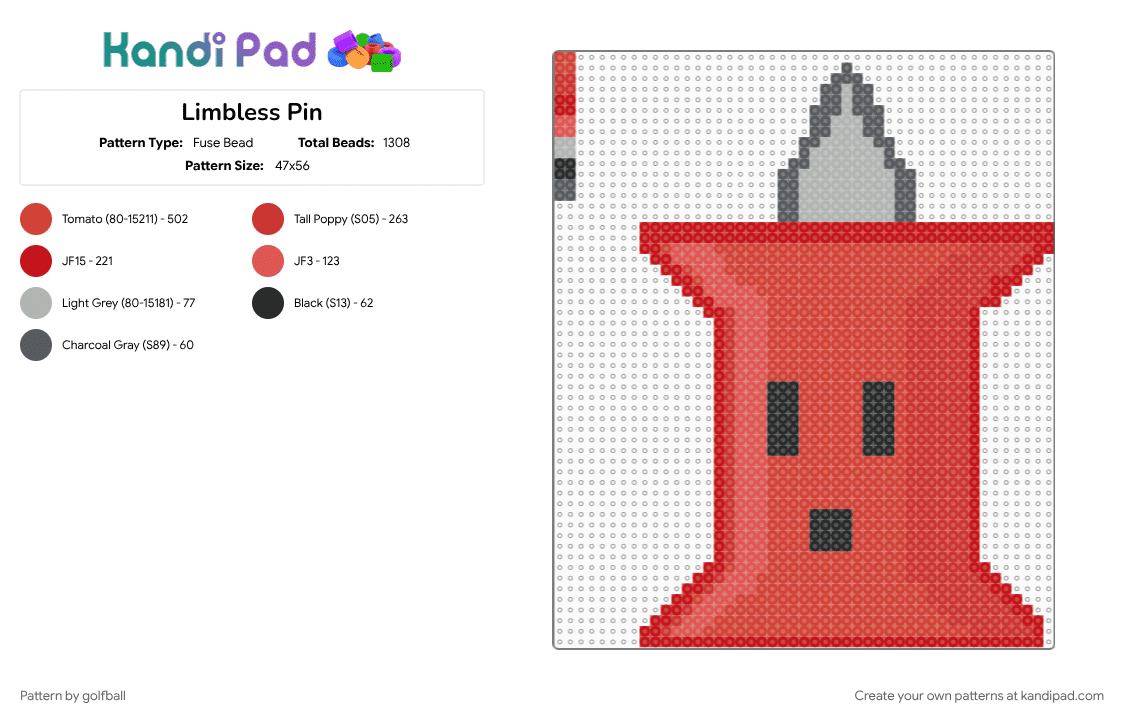 Limbless Pin - Fuse Bead Pattern by golfball on Kandi Pad - battle for dream island, battle for dream island again, battlefordreamisland, battlefordreamislandagain, bfdi, bfdia, pin, pinhead, red