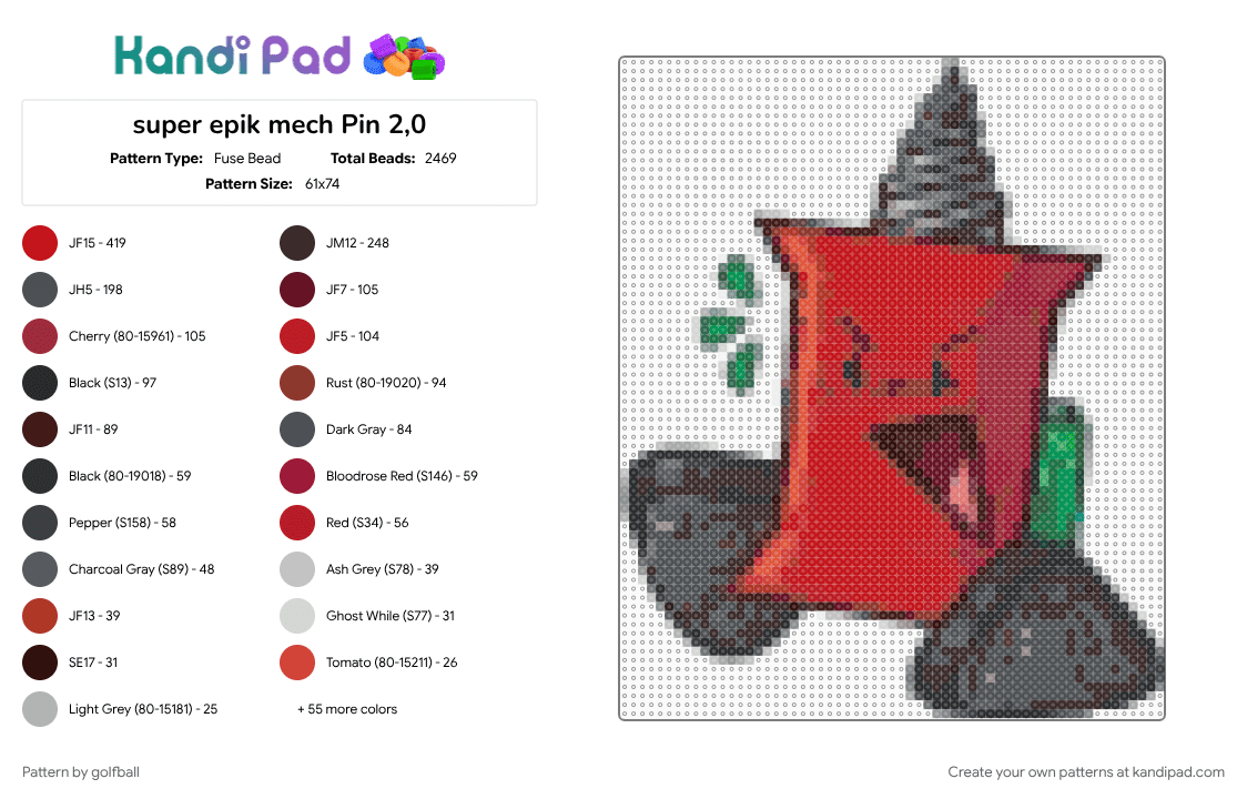 super epik mech Pin 2.0 - Fuse Bead Pattern by golfball on Kandi Pad - battle for dream island, battle for dream island again, battlefordreamisland, battlefordreamislandagain, bfdi, bfdia, brown, gray, pin, pinhead, red