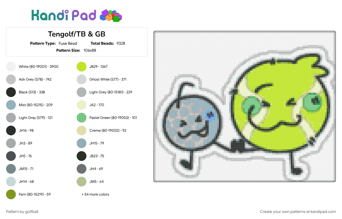 Tengolf/TB & GB - Fuse Bead Pattern by golfball on Kandi Pad - bfdi, bfdia, gb, golf ball, tb, tengolf, tennis ball, tpot