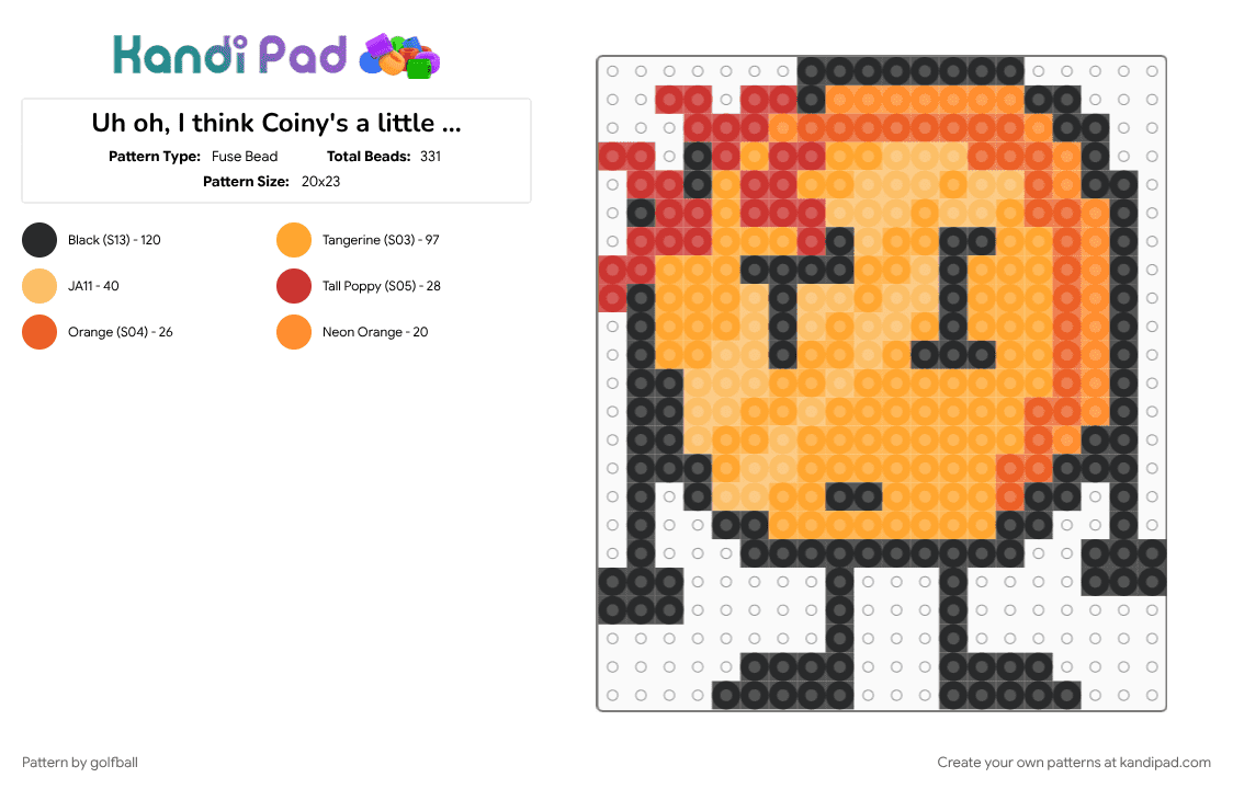 Uh oh, I think Coiny\'s a little annoyed - Fuse Bead Pattern by golfball on Kandi Pad - battle for dream island, battle for dream island again, battlefordreamisland, battlefordreamislandagain, bfdi, bfdia, coin, coiny, orange