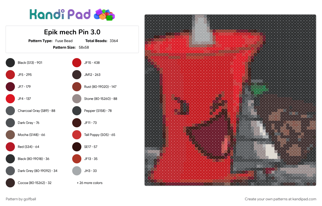 super epik mech Pin 3.0 - Fuse Bead Pattern by golfball on Kandi Pad - battle for dream island, battle for dream island again, bfdi, bfdia, brown, gray, object, object show, pin, pinhead, red