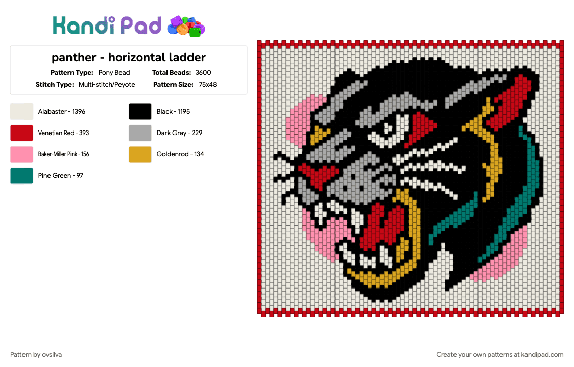 panther - horizontal ladder - Pony Bead Pattern by ovsilva on Kandi Pad - beige, red, white