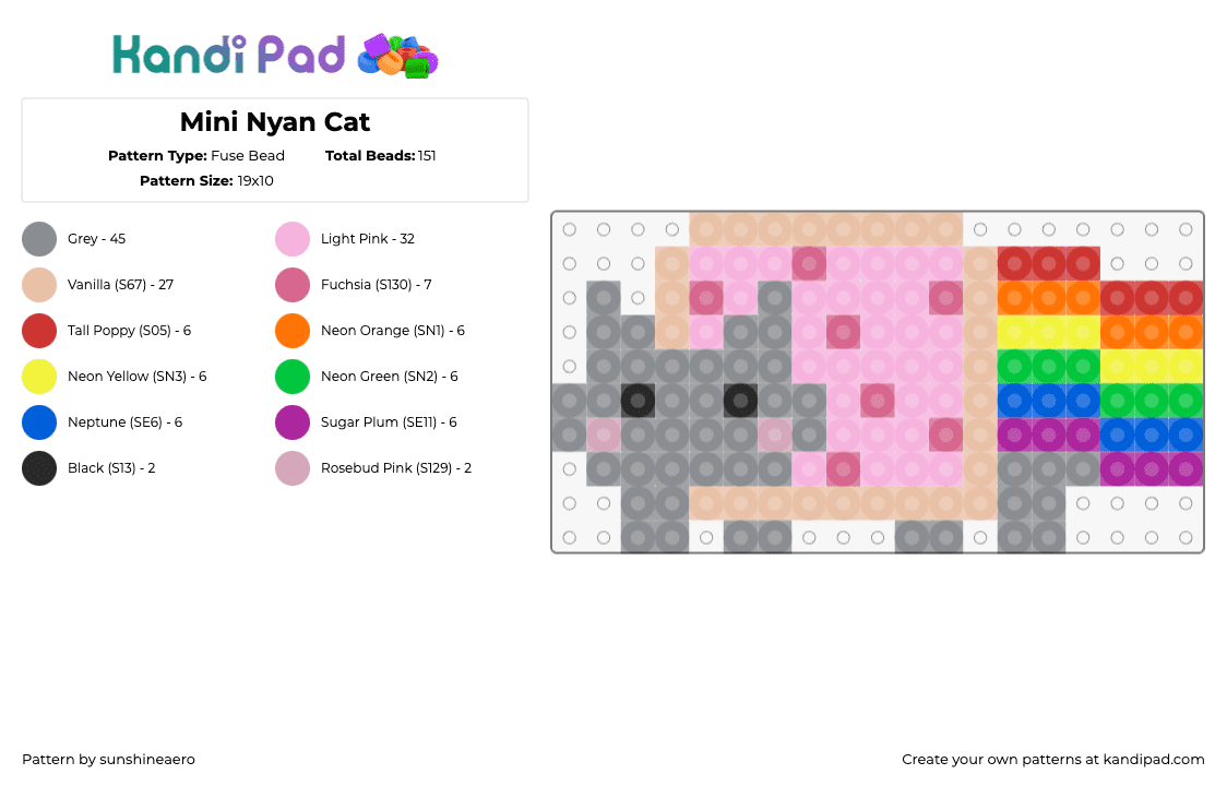 Mini Nyan Cat - Fuse Bead Pattern by sunshineaero on Kandi Pad - nyan cat,meme,poptart,rainbow,gray,pink