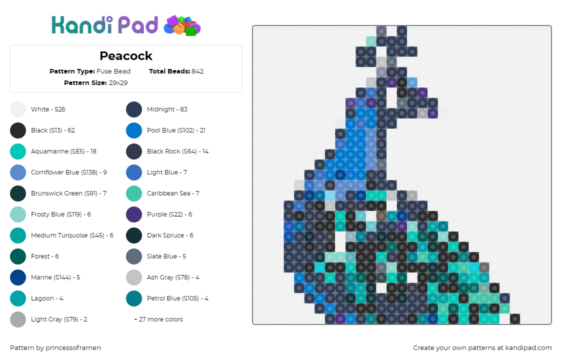 Peacock - Fuse Bead Pattern by princessoframen on Kandi Pad - peacock,bird,animal,teal,blue