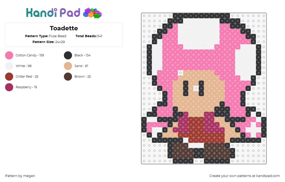 Toadette - Fuse Bead Pattern by megan on Kandi Pad - toadette,mario,nintendo,video games