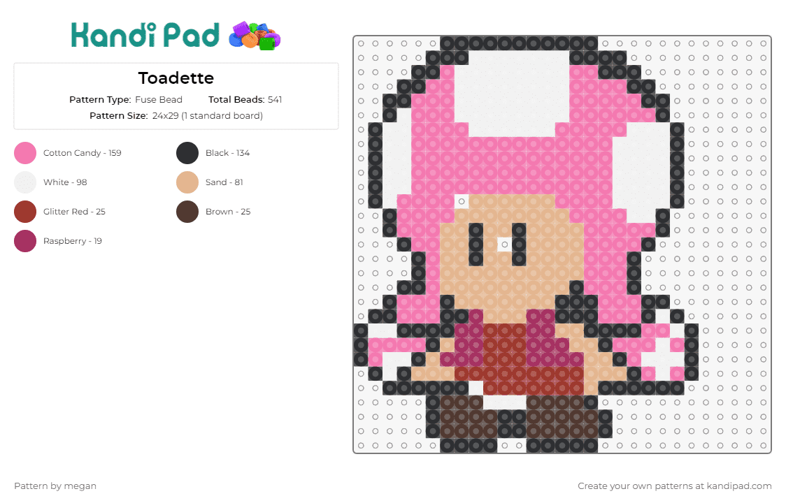 Toadette - Fuse Bead Pattern by megan on Kandi Pad - toadette,mario,nintendo,video games