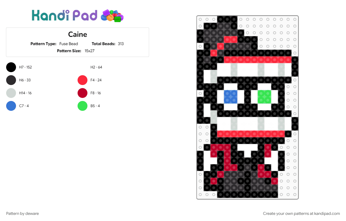 Caine TADC - Fuse Bead Pattern by deware on Kandi Pad - amazing digital circus, black, caine, caine charm, caine tadc, red, tadc, tadc caine, the amazing digital circus, white