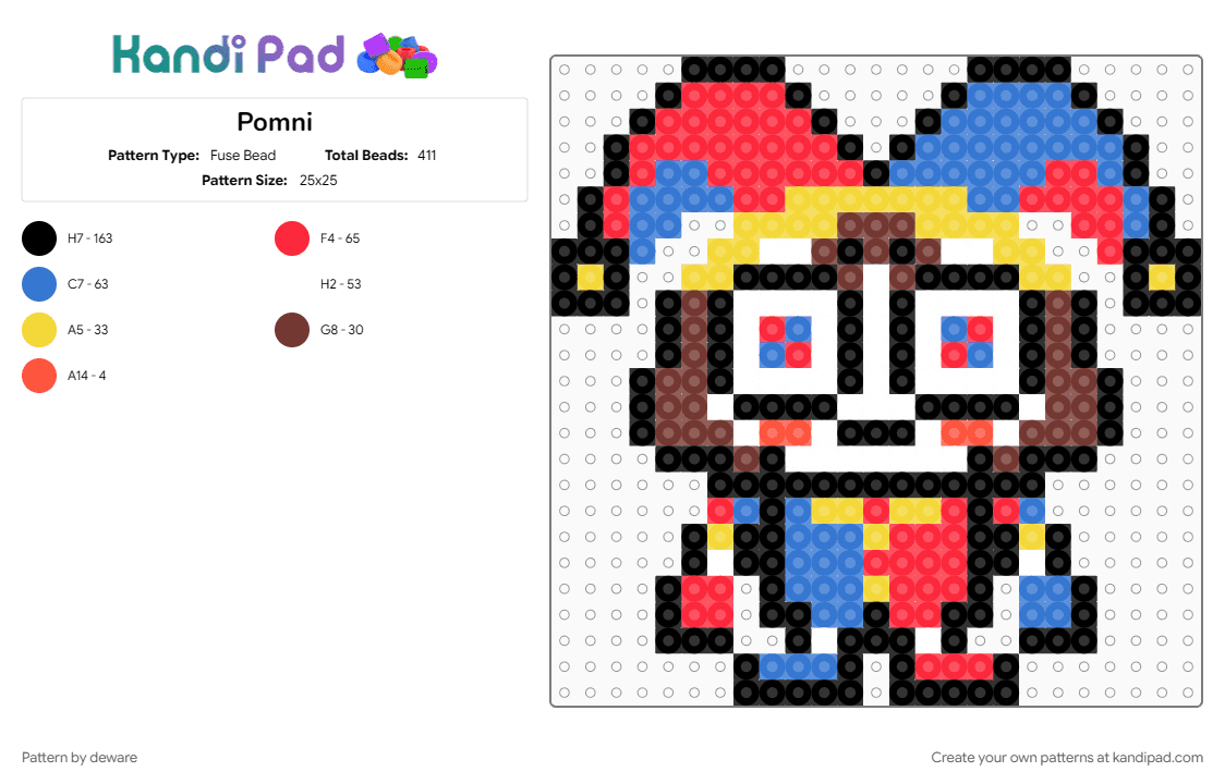 Pomni - Fuse Bead Pattern by deware on Kandi Pad - blue, pomni, pomni tadc, red, tadc, tadc charm, tadc pomni, the amazing digital circus
