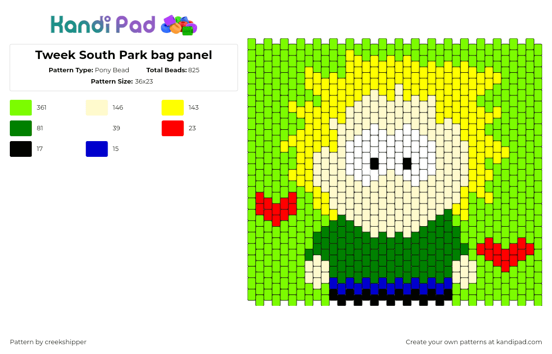 Tweek South Park bag panel - Pony Bead Pattern by creekshipper on Kandi Pad - tweek tweak,south park,character,hearts,panel,bag,animation,tv show,green,yellow