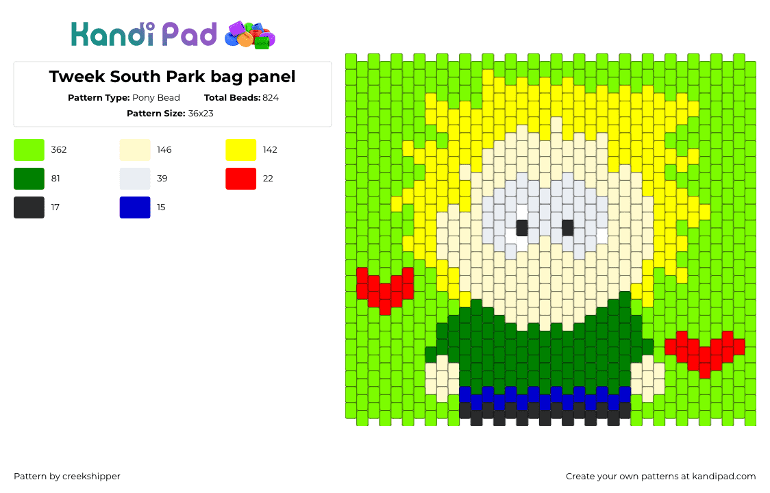 Tweek South Park bag panel - Pony Bead Pattern by creekshipper on Kandi Pad - tweek tweak,south park,character,hearts,panel,bag,animation,tv show,green,yellow