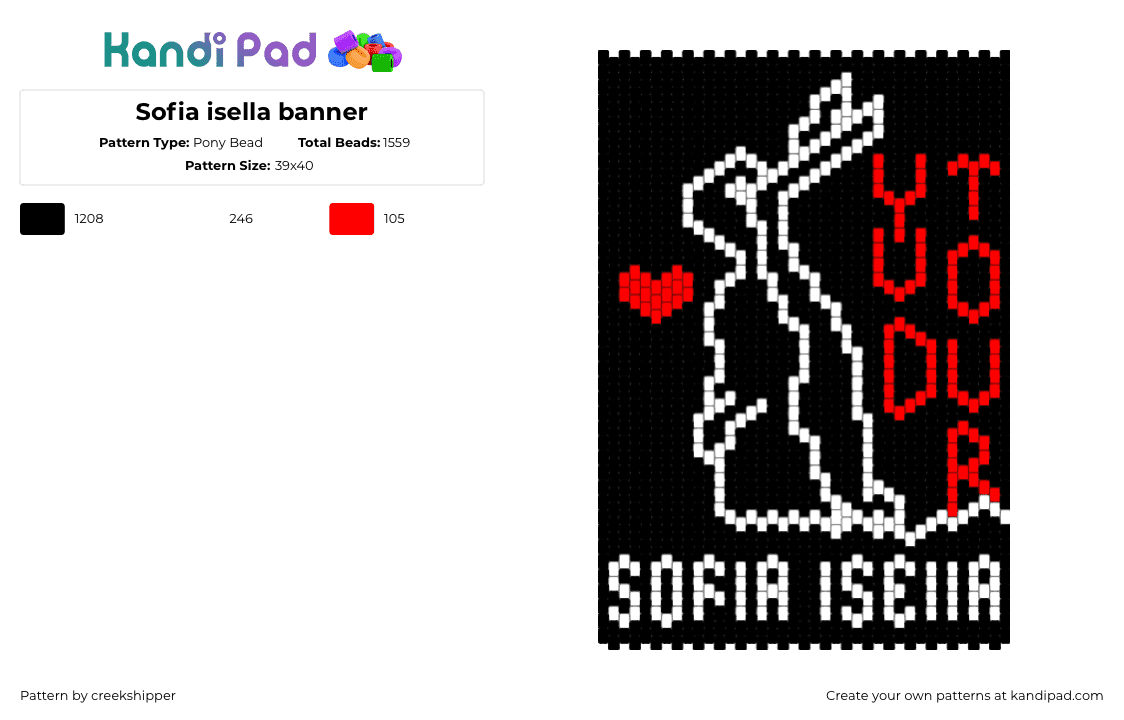 Sofia isella banner - Pony Bead Pattern by creekshipper on Kandi Pad - sofia isella,rabbit,music,tapestry,banner,heart,black,white,red