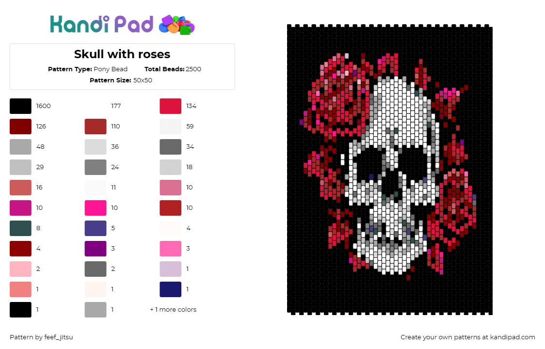 Skull with roses - Pony Bead Pattern by feef_jitsu on Kandi Pad - skull,roses,gothic,spooky,dark,flowers,skeleton,panel,halloween,black,white,red