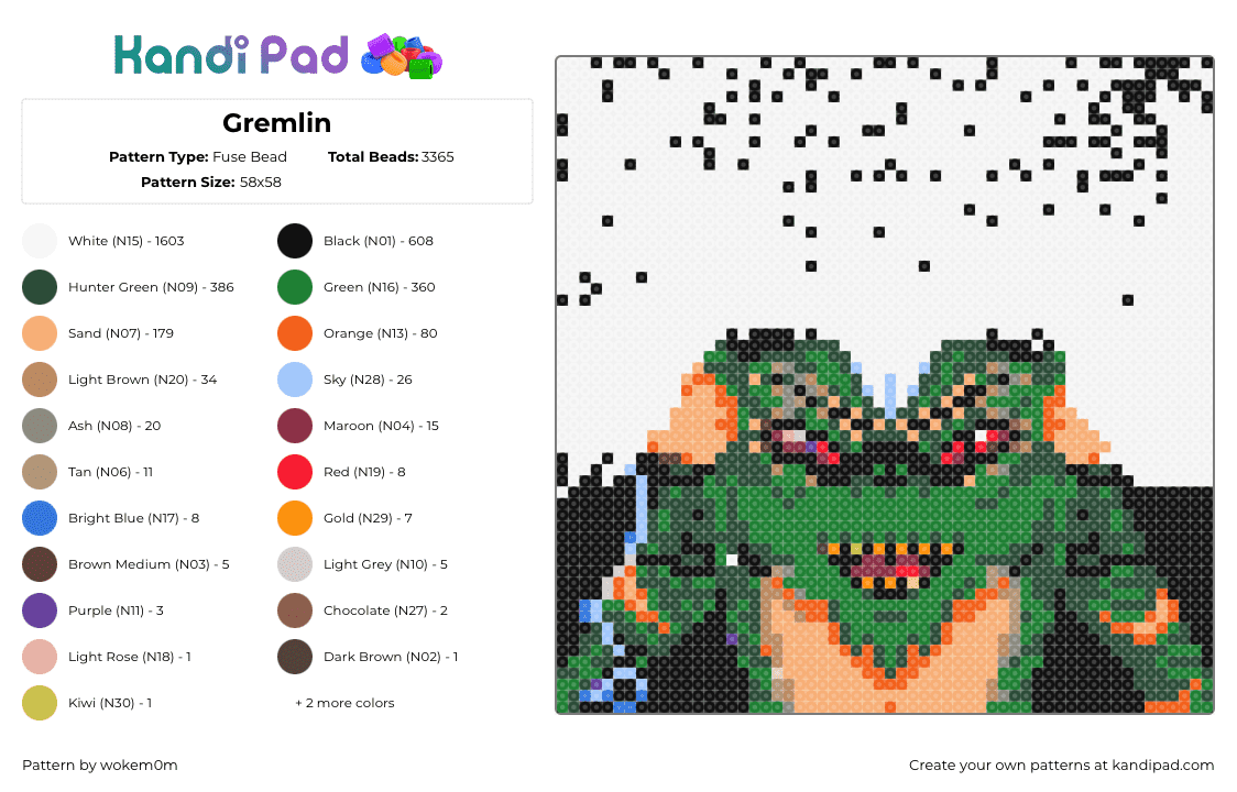 Gremlin - Fuse Bead Pattern by wokem0m on Kandi Pad - gremlin,classic,movie,green,tan