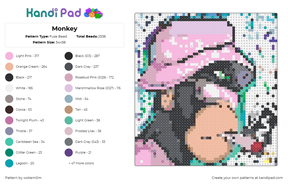 Monkey - Fuse Bead Pattern by wokem0m on Kandi Pad - monkey,bored ape yacht club,smoking,nft,hat,cool,pink,tan,black