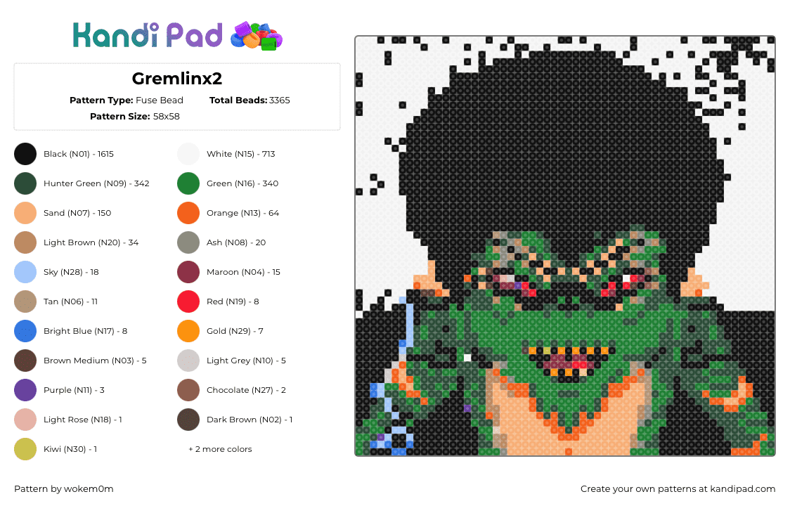 Gremlinx2 - Fuse Bead Pattern by wokem0m on Kandi Pad - gremlin,classic,movie,green,tan,black