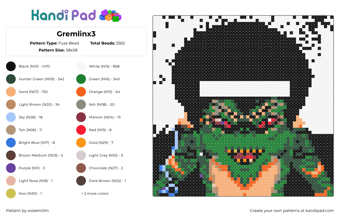 Gremlinx3 - Fuse Bead Pattern by wokem0m on Kandi Pad - gremlin,classic,movie,green,tan,black