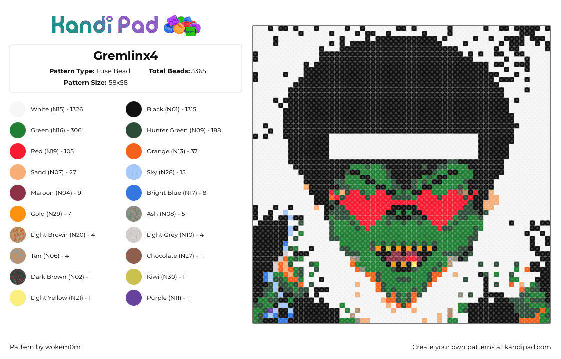 Gremlinx4 - Fuse Bead Pattern by wokem0m on Kandi Pad - gremlin,glasses,hearts,classic,movie,green,tan,red