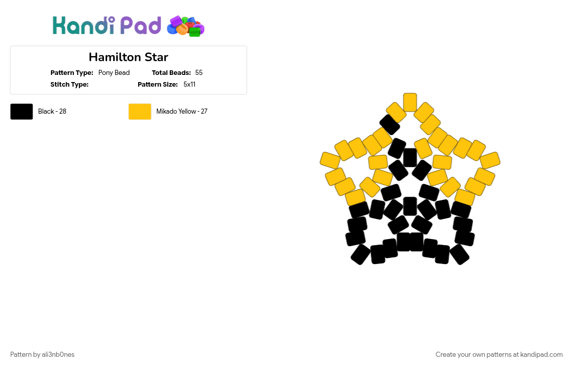 Hamilton Star - Pony Bead Pattern by ali3nb0nes on Kandi Pad - black, cotdharmonymusical, yellow