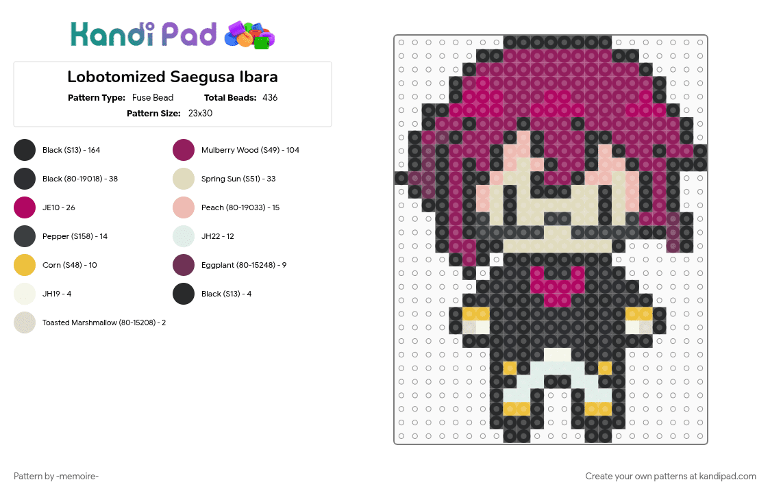 Lobotomized Saegusa Ibara - Fuse Bead Pattern by -memoire- on Kandi Pad - adam, black, cosmic production, cospro, eden, ensemble stars, enstars, ibara saegusa, pink