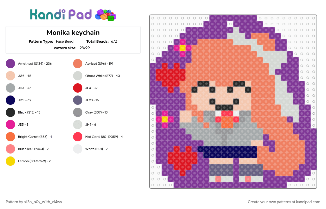 Monika keychain - Fuse Bead Pattern by ali3n_b0y_w1th_cl4ws on Kandi Pad - ddlc, ddlc monika, doki doki literature club, keychain, monika, orange, pink