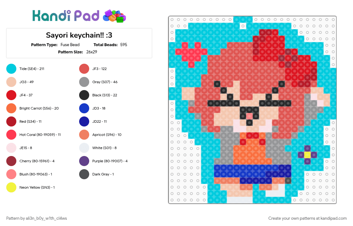 Sayori keychain!! :3 - Fuse Bead Pattern by ali3n_b0y_w1th_cl4ws on Kandi Pad - 