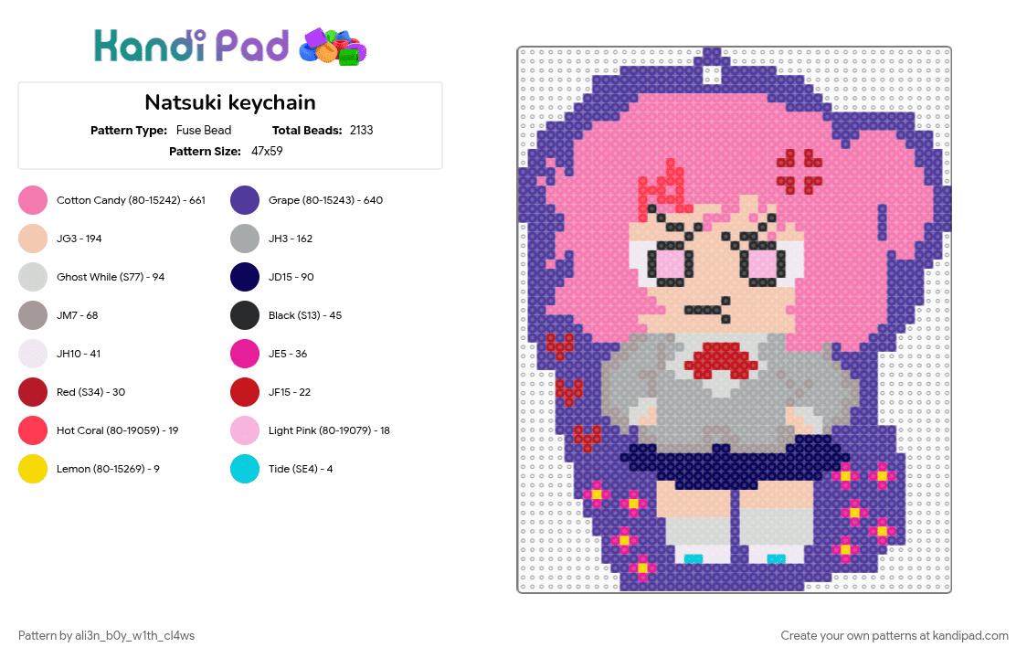 Natsuki keychain - Fuse Bead Pattern by ali3n_b0y_w1th_cl4ws on Kandi Pad - ddlc, doki doki literature club, natsuki, pink, purple