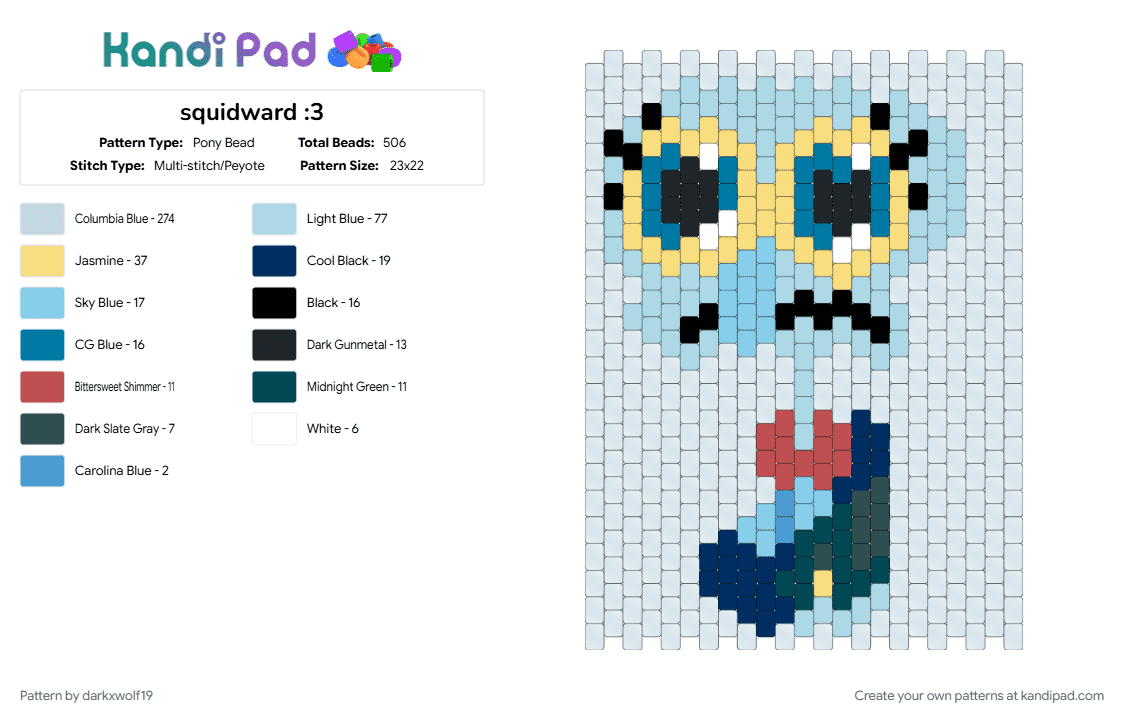squidward :3 - Pony Bead Pattern by darkxwolf19 on Kandi Pad - baby, blue, character, clarinet, cute, light blue, spongebob, squidward, white, yellow