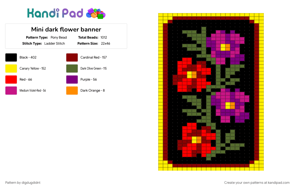 Mini dark flower banner - Pony Bead Pattern by digdugdidnt on Kandi Pad - red, yellow
